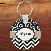 Black Tan Swirls Chevron Personalized Sleutelhanger (Voorkant)
