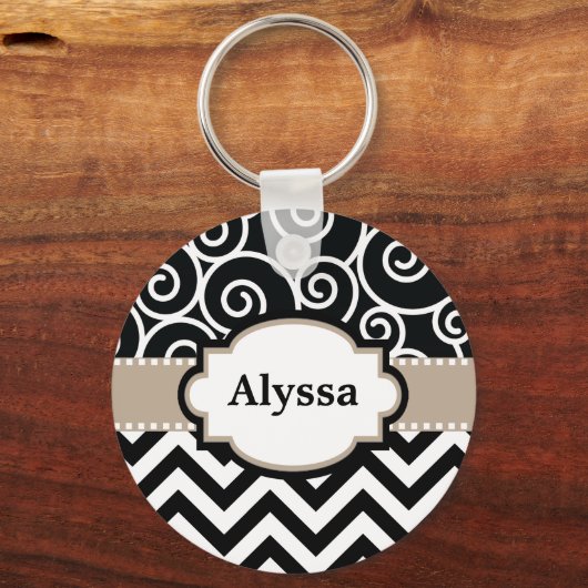 Black Tan Swirls Chevron Personalized Sleutelhanger (Voorkant)