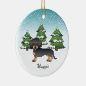 Black & Tan Wire Haire Dachshund in Winter Forest Keramisch Ornament (Rechts)