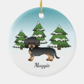 Black & Tan Wire Haire Dachshund in Winter Forest Keramisch Ornament (Achterkant)