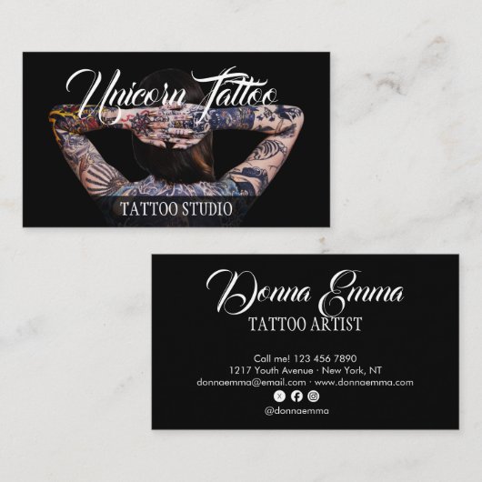 Black Tattoo artists photo script typography Visitekaartje (Voorkant / Achterkant)