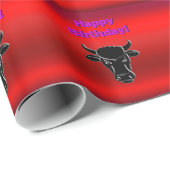 Black Taurus Bull, rood chrome blik, Happy Birthda Cadeaupapier (Rol Hoek)