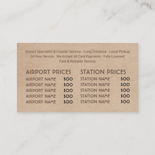 Black Taxi Cab Logo, Kraft Paper Effect Price List Visitekaartje (Achterkant)