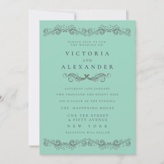Black Teal Flourish Elegant Any Time Wedding Kaart (Voorkant)