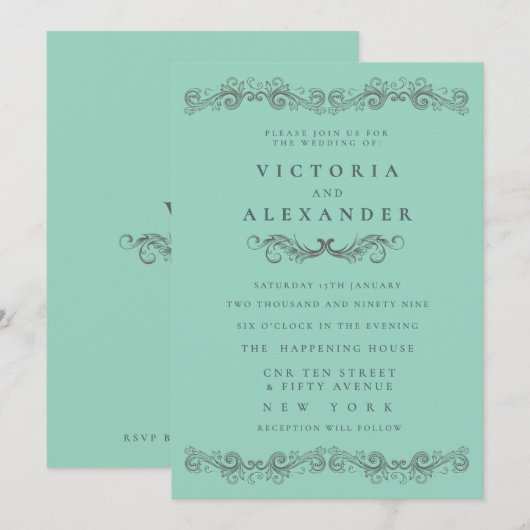 Black Teal Flourish Elegant Any Time Wedding Kaart (Voorkant / Achterkant)