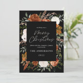 Black terracotta floral botanical elegant script feestdagenkaart (Staand voorkant)