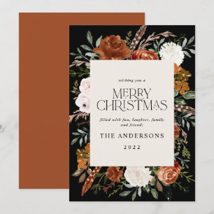 Black terracotta floral botanical elegant script feestdagenkaart