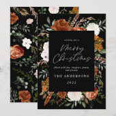 Black terracotta floral botanical elegant script feestdagenkaart (Voorkant / Achterkant)