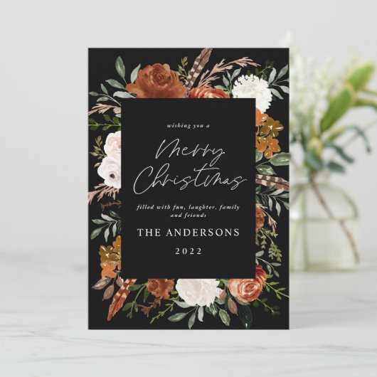 Black terracotta floral botanical elegant script feestdagenkaart (Staand voorkant)