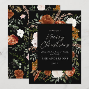 Black terracotta floral botanical elegant script feestdagenkaart