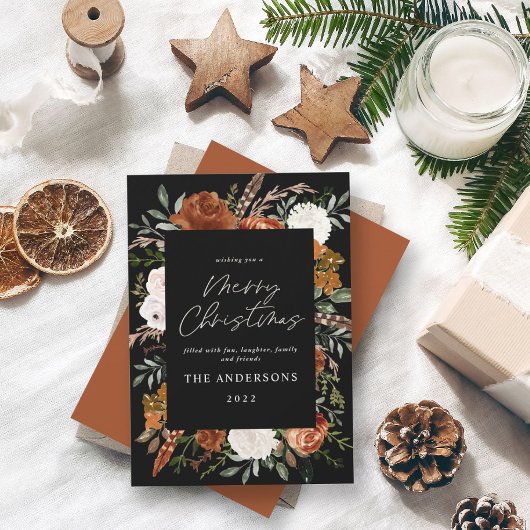 Black terracotta floral botanical elegant script feestdagenkaart