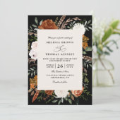 Black terracotta floral rustic qr code wedding kaart (Staand voorkant)