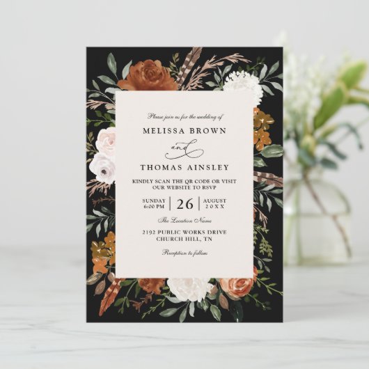 Black terracotta floral rustic qr code wedding kaart (Staand voorkant)