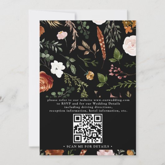 Black terracotta floral rustic qr code wedding kaart (Achterkant)