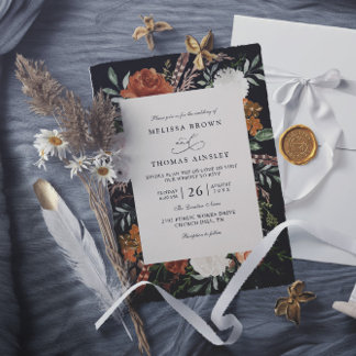 Black terracotta floral rustic qr code wedding kaart