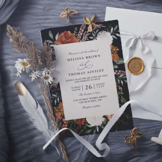 Black terracotta floral rustic qr code wedding kaart