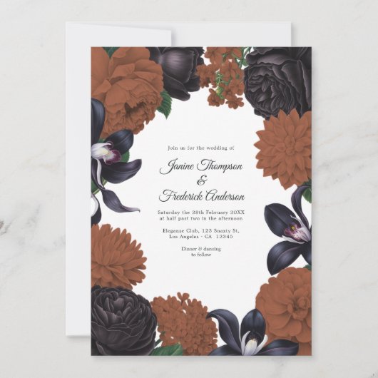 Black & Terracotta Photo/QR Code Floral Wedding Kaart (Voorkant)