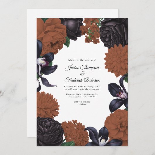 Black & Terracotta Photo/QR Code Floral Wedding Kaart (Voorkant / Achterkant)