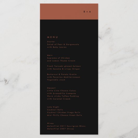 Black Terracotta Stripe Monogram Wedding Menu (Voorkant)