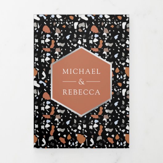 Black Terrazzo Tegel Terracotta QR Code Weddenscha Drieluik Uitnodiging (Cover)