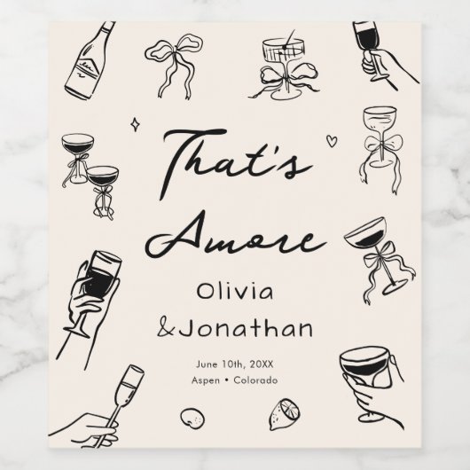 Black That's Amore Hand Drawn Wedding Wijn Etiket (Enkel label)