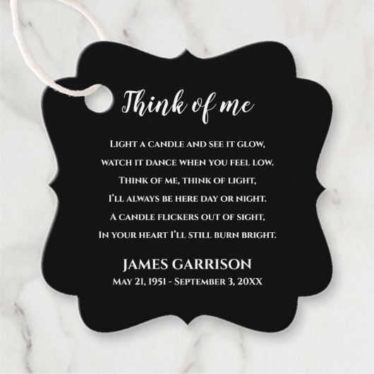 Black Think of Me Celebration of Life Candle Bedankjes Labels (Voorkant)