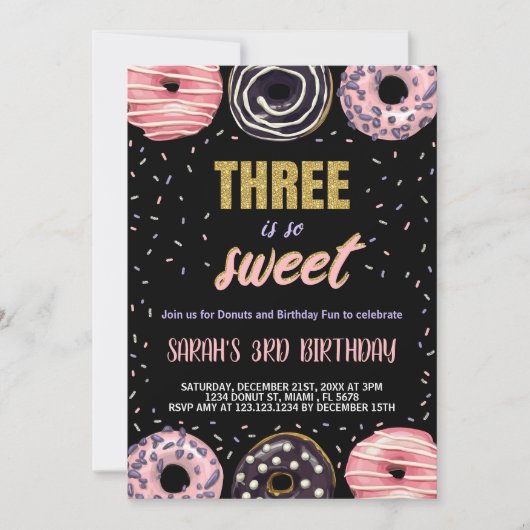 Black Three is Sweet Donut Verjaardag Uitnodiginge Kaart (Voorkant)