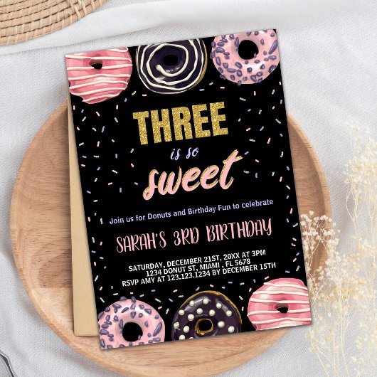 Black Three is Sweet Donut Verjaardag Uitnodiginge Kaart