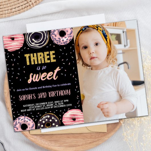 Black Three is Sweet Photo Donut Verjaardag Kaart