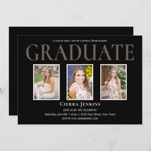 Black Three Photo Graduation Party Kaart (Voorkant / Achterkant)