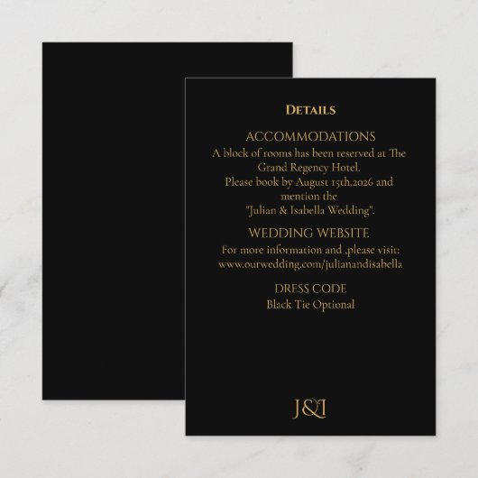 Black Tie Royal Regency wedding Informatiekaartje (Voorkant / Achterkant)