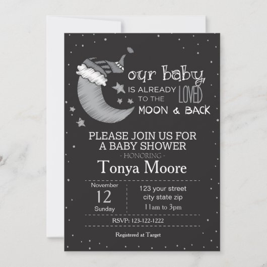 Black to the Moon and Back Baby shower Invite Kaart (Voorkant)