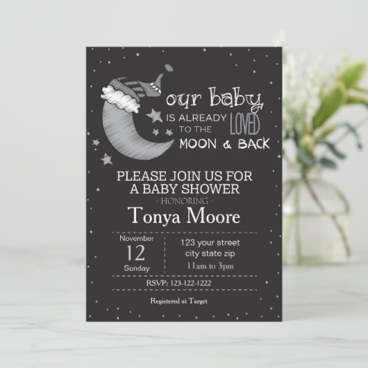 Black to the Moon and Back Baby shower Invite Kaart (Staand voorkant)