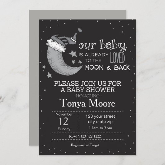 Black to the Moon and Back Baby shower Invite Kaart (Voorkant / Achterkant)