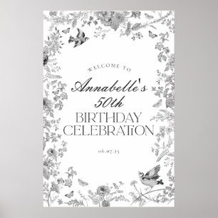 Black Toile Bloemen Verjaardagsfeest Welkomstbord Poster