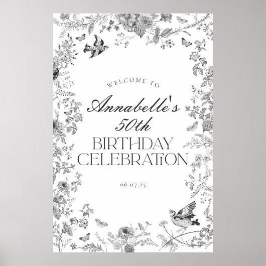 Black Toile Bloemen Verjaardagsfeest Welkomstbord Poster (Voorkant)