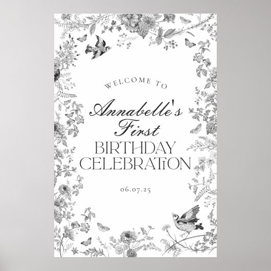 Black Toile Bloemen Verjaardagsfeest Welkomstbord Poster (Voorkant)