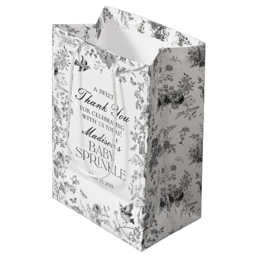 Black Toile De Jouy Baby Sprinkle Favors Medium Cadeauzakje (Voorkant Gekanteld)