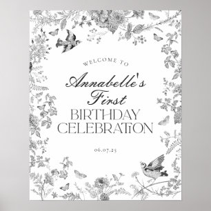 Black Toile de Jouy Bloemen Verjaardag Welkom Teke Poster