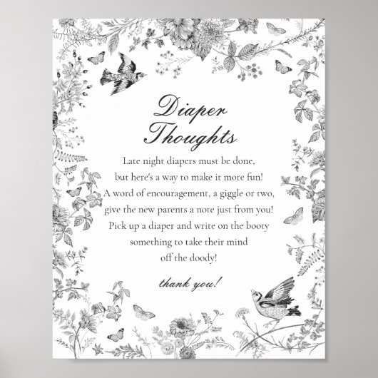 Black Toile De Jouy Diaper Thoughts Baby Shower Poster (Voorkant)