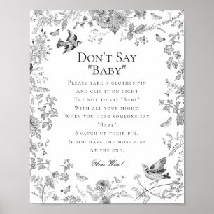 Black Toile De Jouy Dont Say Baby shower Game Poster