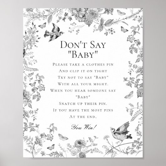 Black Toile De Jouy Dont Say Baby shower Game Poster (Voorkant)