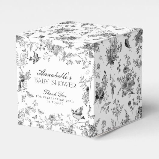 Black Toile De Jouy Floral Baby Shower Favor Boxes Bedankdoosjes (Voorkant Zijde)