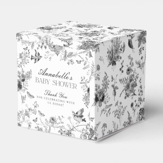 Black Toile De Jouy Floral Baby Shower Favor Boxes Bedankdoosjes (Achterkant)