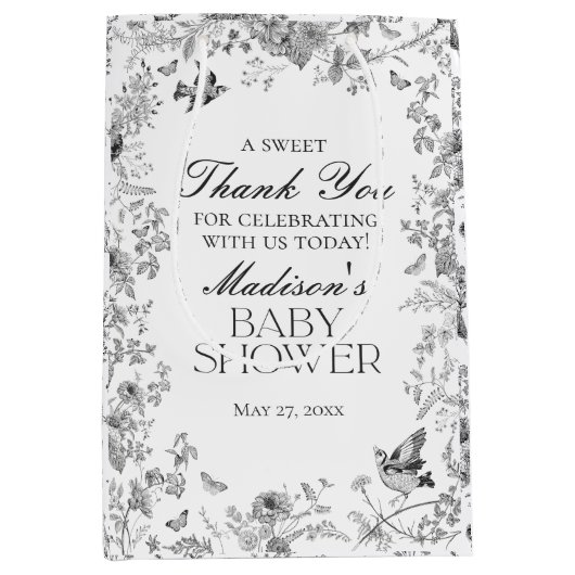 Black Toile De Jouy Floral Baby Shower Favors Medium Cadeauzakje (Voorkant)
