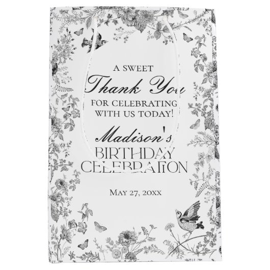 Black Toile De Jouy Floral Birthday Party Favors Medium Cadeauzakje (Voorkant)