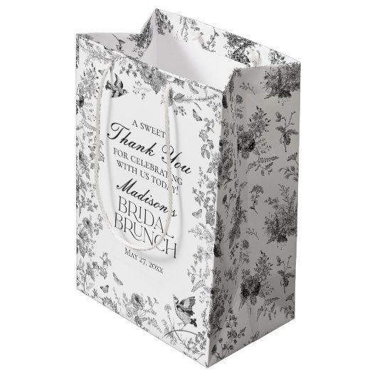 Black Toile De Jouy Floral Bridal Brunch Favors Medium Cadeauzakje (Achterkant Gekanteld)