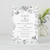 Black Toile De Jouy  Floral Save the Date Kaart (Staand voorkant)