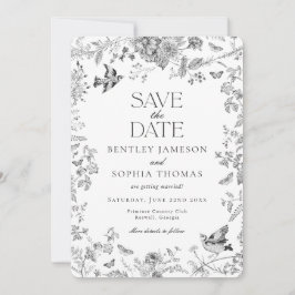 Black Toile De Jouy  Floral Save the Date Kaart