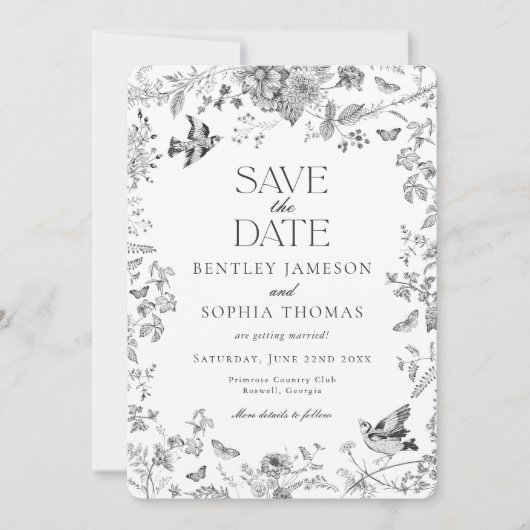 Black Toile De Jouy  Floral Save the Date Kaart (Voorkant)